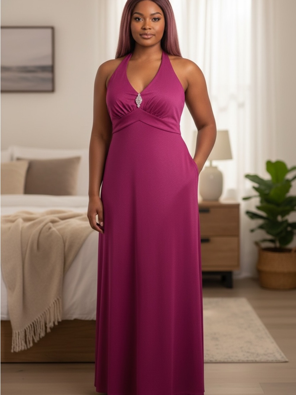 Connected apparel Halter Maxi Dress in Berry Pink 12 NEW - Picture 1 of 6